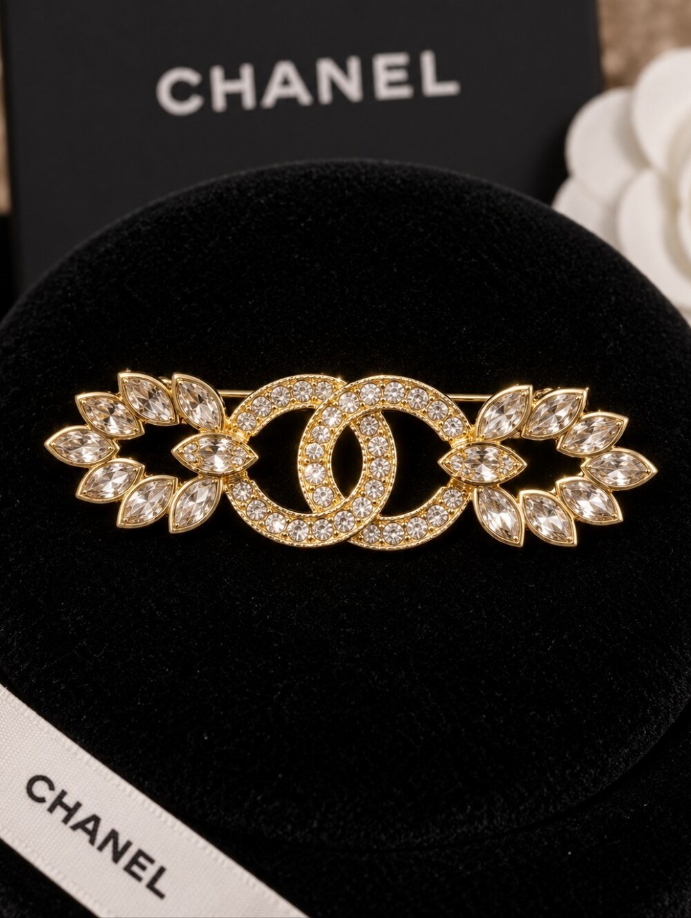 CHANEL CC Crystal Gold Tone Laurel Leaf Brooch Pin